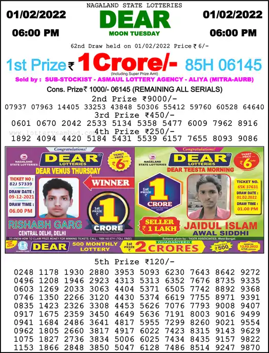 Lottery Sambad 6 PM result 01 Feb 2022