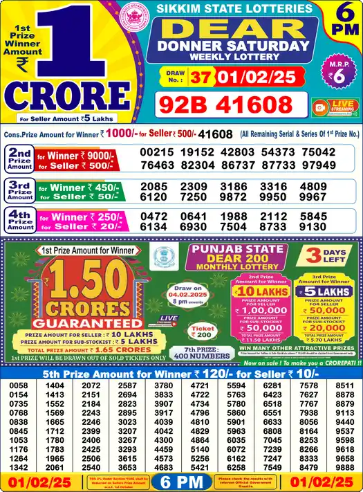Lottery Sambad 6 PM result 01 Feb 2025