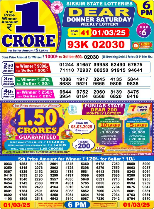 Lottery Sambad 6 PM result 01 Mar 2025