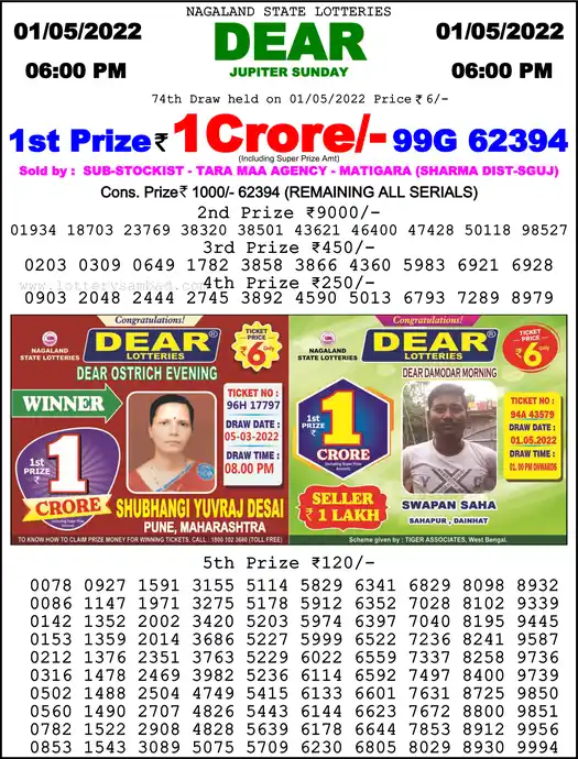 Lottery Sambad 6 PM result 01 May 2022