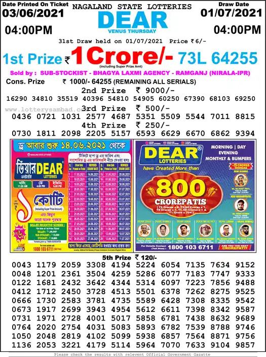 Lottery Sambad 6 PM result 01 Jul 2021