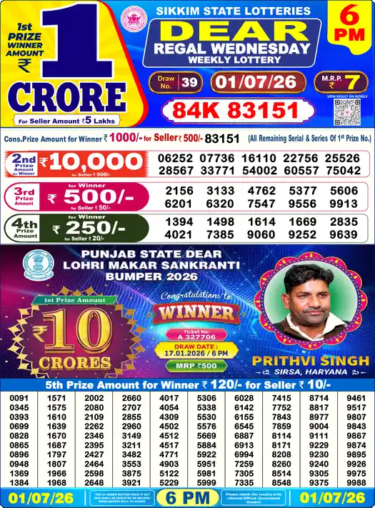 Lottery Sambad 6 PM result 01 Jul 2026