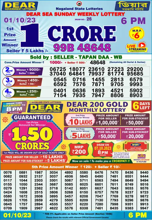 Lottery Sambad 6 PM result 01 Oct 2023