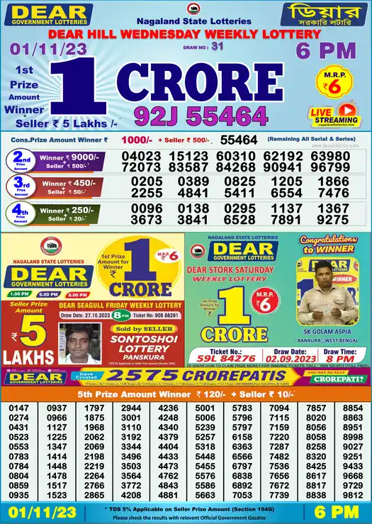 Lottery Sambad 6 PM result 01 Nov 2023
