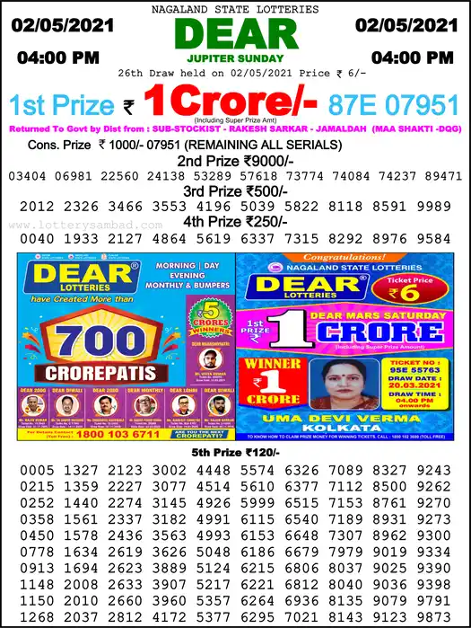 Lottery Sambad 6 PM result 02 May 2021