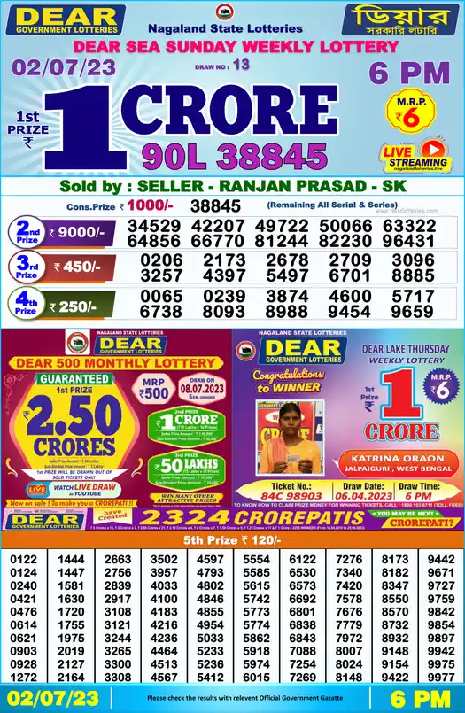 Lottery Sambad 6 PM result 02 Jul 2023