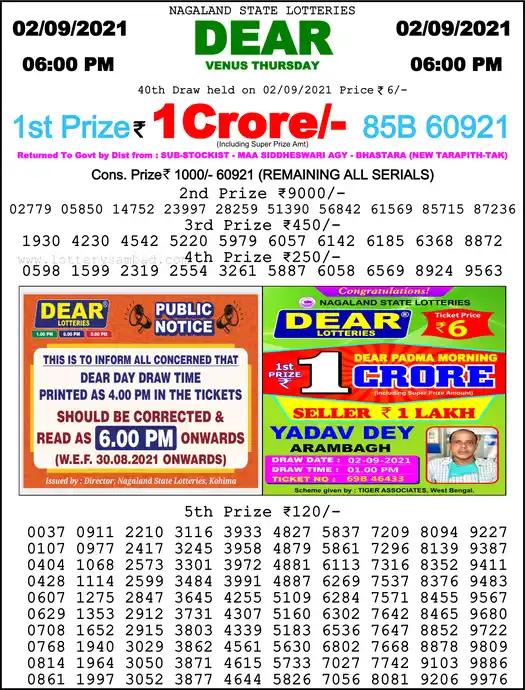 Lottery Sambad 6 PM result 02 Sep 2021