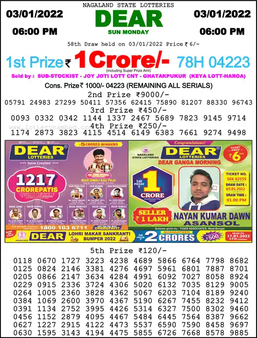 Lottery Sambad 6 PM result 03 Jan 2022
