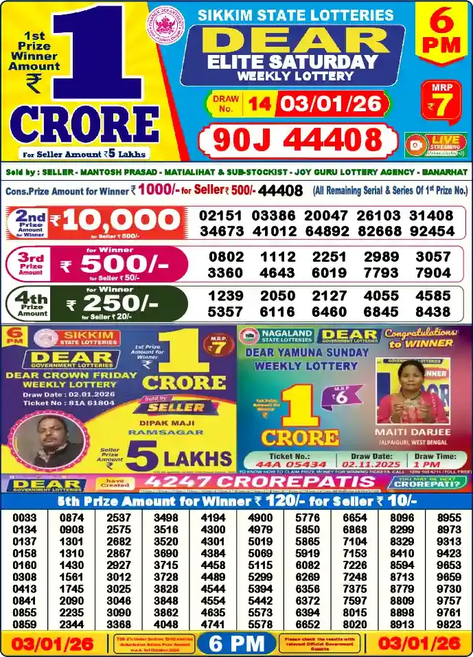Lottery Sambad 6 PM result 03 Jan 2026