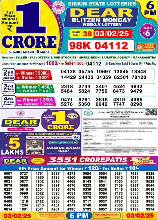 Lottery Sambad 6 PM result 03 Feb 2025