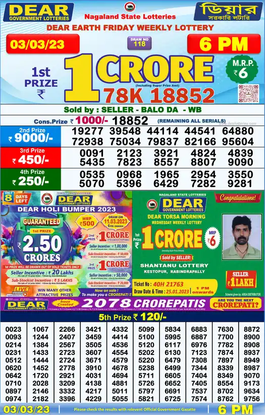 Lottery Sambad 6 PM result 03 Mar 2023