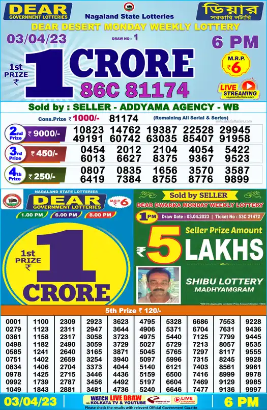 Lottery Sambad 6 PM result 03 Apr 2023