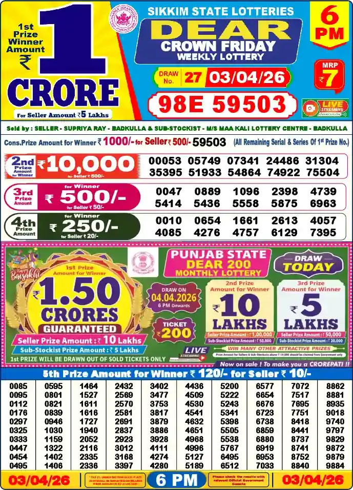 Lottery Sambad 6 PM result 03 Apr 2026