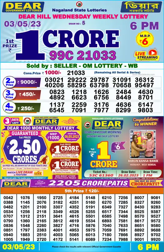 Lottery Sambad 6 PM result 03 May 2023
