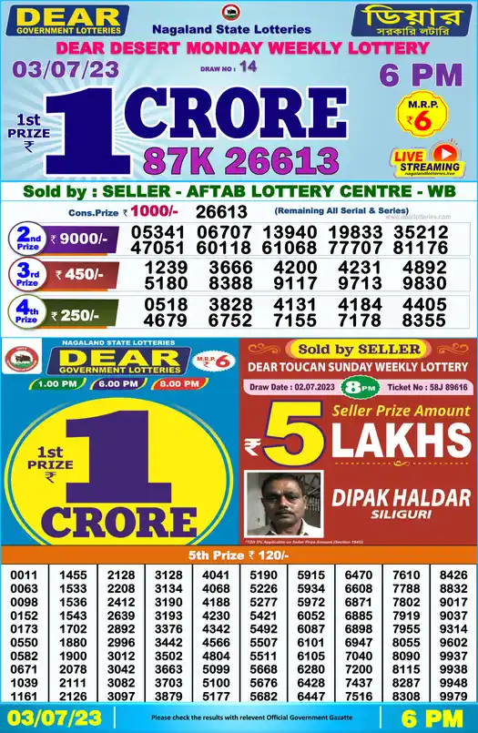 Lottery Sambad 6 PM result 03 Jul 2023