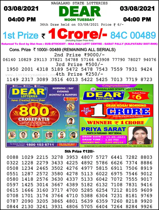 Lottery Sambad 6 PM result 03 Aug 2021