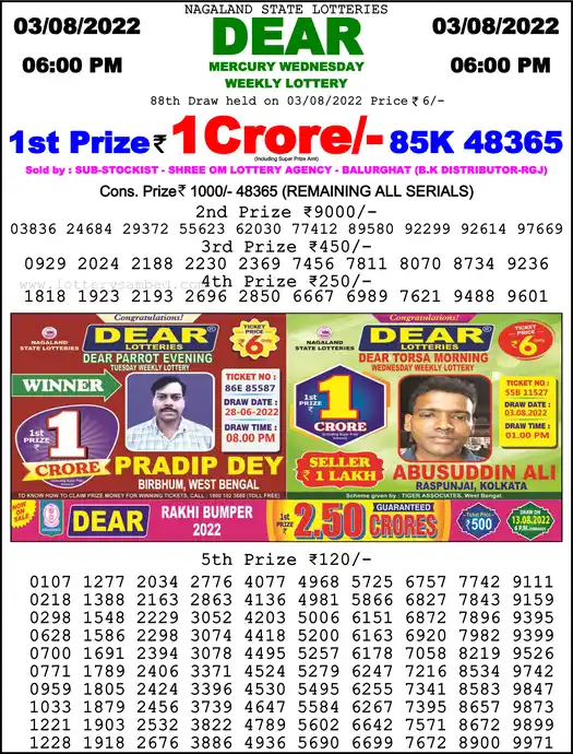 Lottery Sambad 6 PM result 03 Aug 2022