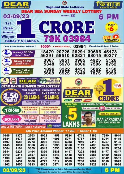Lottery Sambad 6 PM result 03 Sep 2023