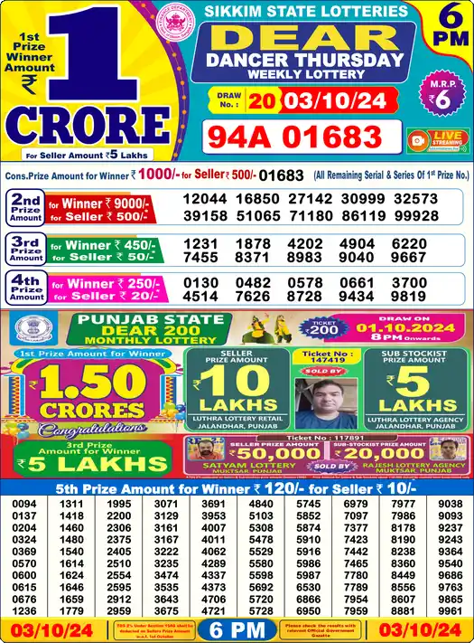 Lottery Sambad 6 PM result 03 Oct 2024