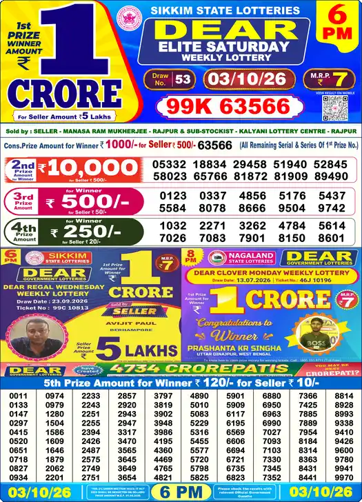Lottery Sambad 6 PM result 03 Oct 2026