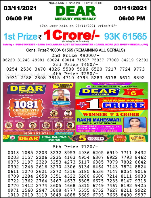Lottery Sambad 6 PM result 03 Nov 2021