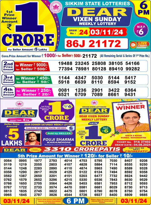 Lottery Sambad 6 PM result 03 Nov 2024