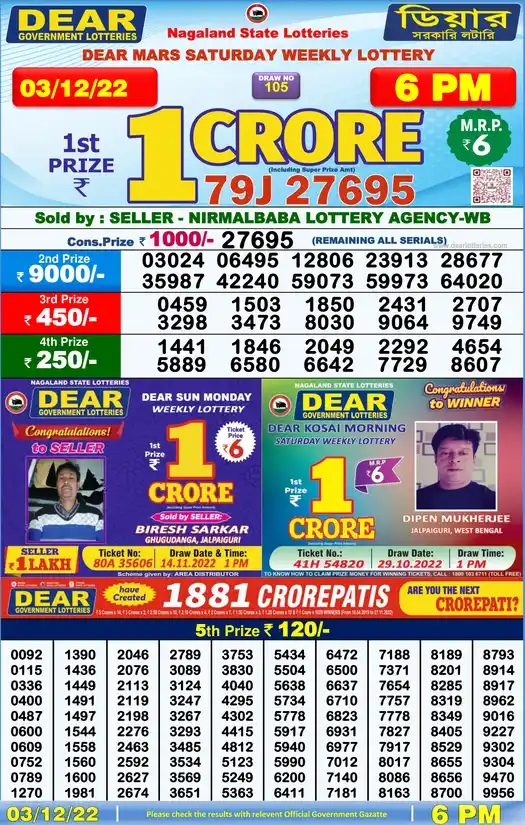 Lottery Sambad 6 PM result 03 Dec 2022