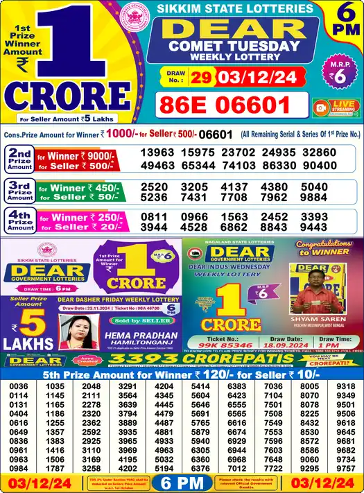 Lottery Sambad 6 PM result 03 Dec 2024