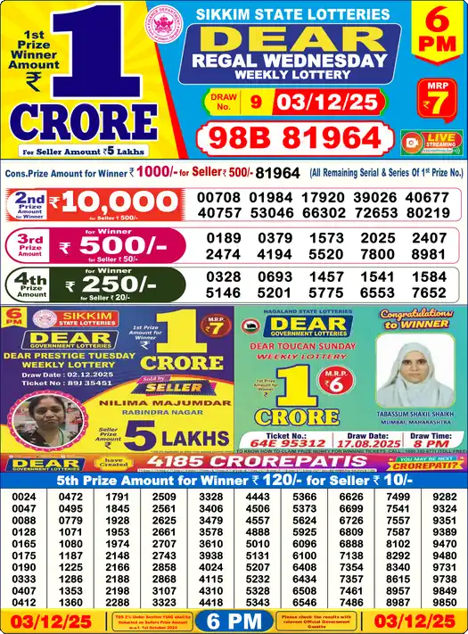 Lottery Sambad 6 PM result 03 Dec 2025