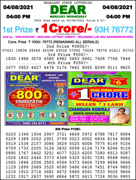 Lottery Sambad 6 PM result 04 Aug 2021