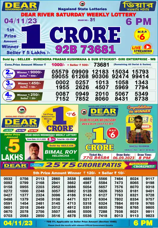 Lottery Sambad 6 PM result 04 Nov 2023