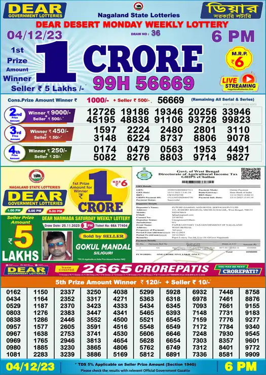 Lottery Sambad 6 PM result 04 Dec 2023