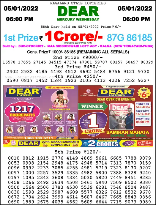 Lottery Sambad 6 PM result 05 Jan 2022
