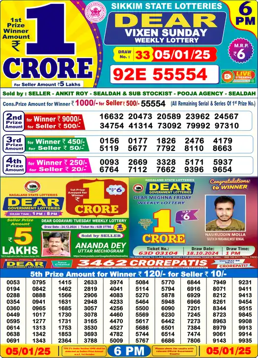 Lottery Sambad 6 PM result 05 Jan 2025