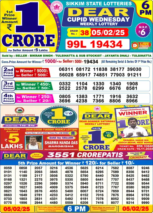 Lottery Sambad 6 PM result 05 Feb 2025