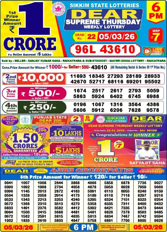 Lottery Sambad 6 PM result 05 Mar 2026