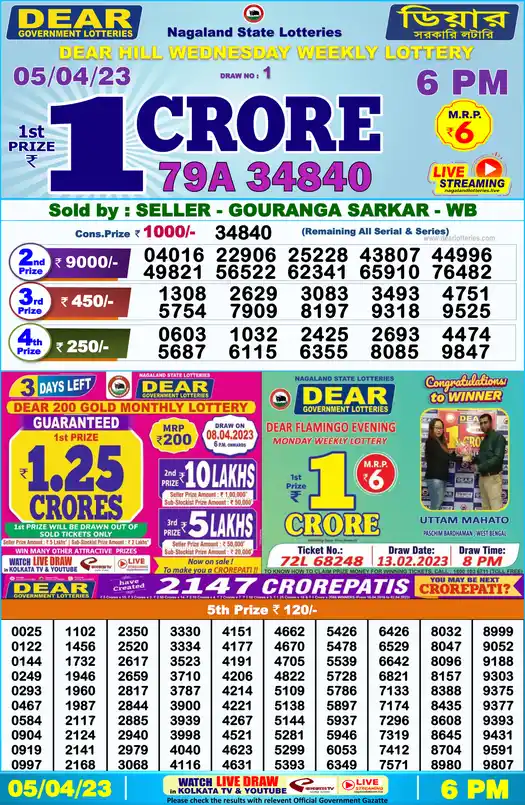 Lottery Sambad 6 PM result 05 Apr 2023