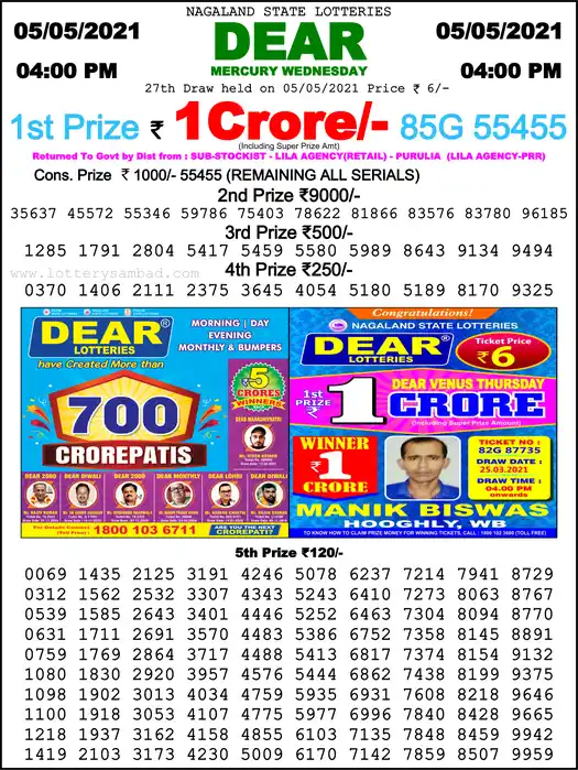 Lottery Sambad 6 PM result 05 May 2021