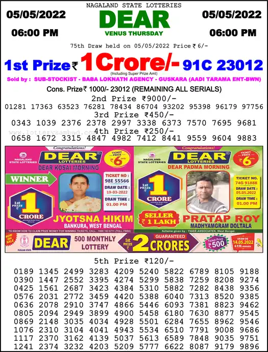 Lottery Sambad 6 PM result 05 May 2022