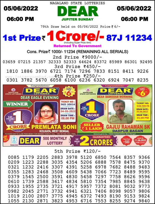 Lottery Sambad 6 PM result 05 Jun 2022