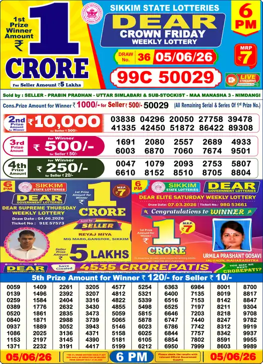 Lottery Sambad 6 PM result 05 Jun 2026