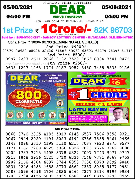 Lottery Sambad 6 PM result 05 Aug 2021