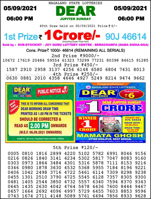 Lottery Sambad 6 PM result 05 Sep 2021
