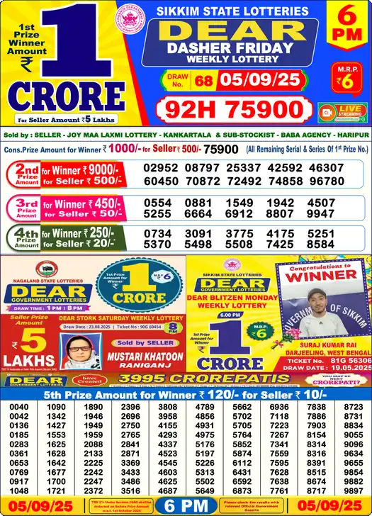 Lottery Sambad 6 PM result 05 Sep 2025
