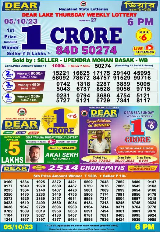 Lottery Sambad 6 PM result 05 Oct 2023