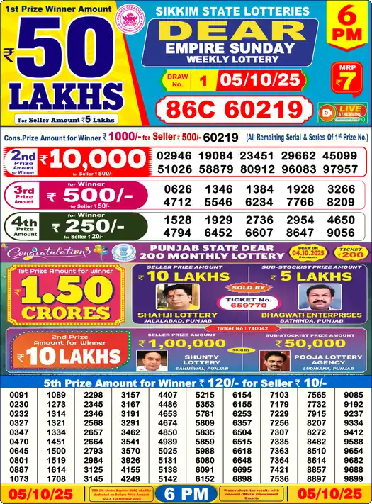 Lottery Sambad 6 PM result 05 Oct 2025