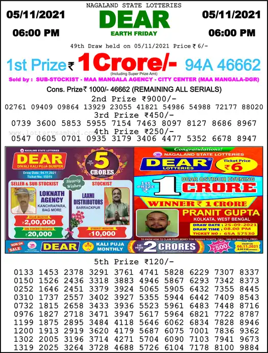 Lottery Sambad 6 PM result 05 Nov 2021