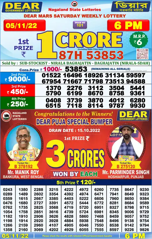 Lottery Sambad 6 PM result 05 Nov 2022