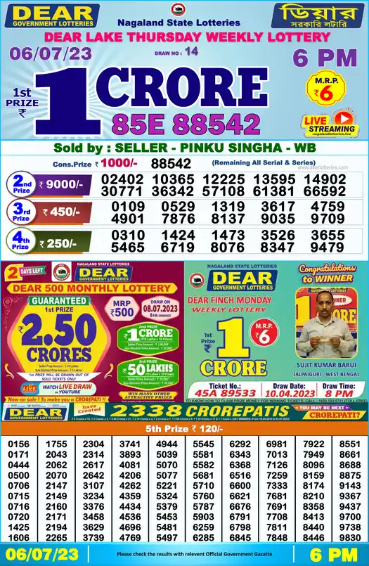 Lottery Sambad 6 PM result 06 Jul 2023
