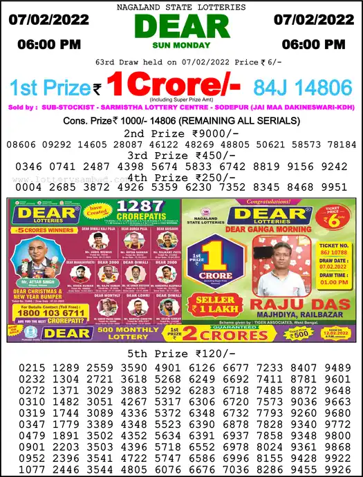 Lottery Sambad 6 PM result 07 Feb 2022